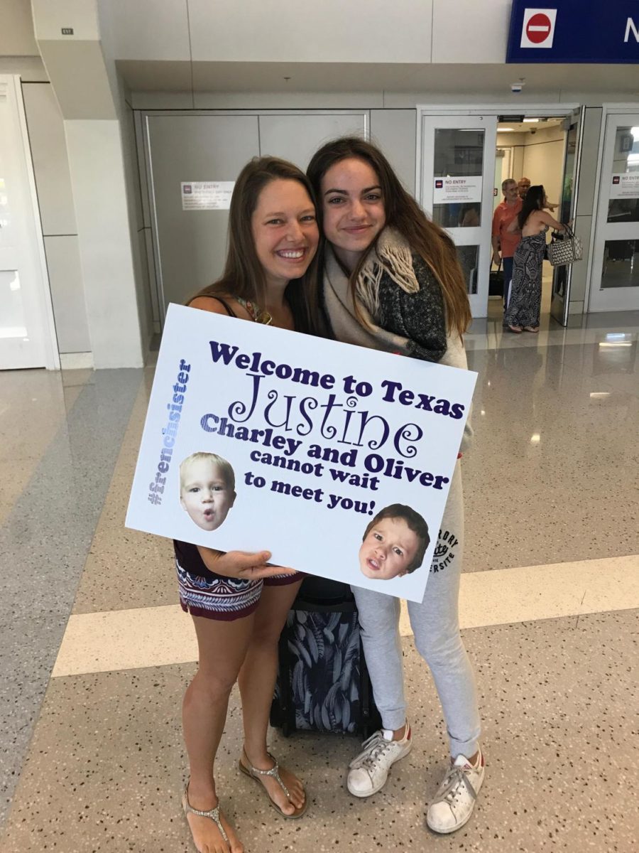 Justine Rey with her host mom when she arrived in Fort Worth.