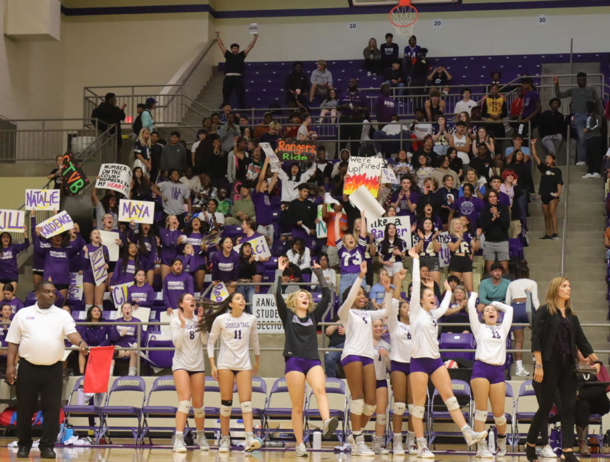 Cheers+echoed+in+the+gym+as+the+Lady+Rangers+score+at+the+varsity+volleyball+game+against+Boswell+on+Friday%2C+Sept.+30%2C+2022+at+Chisholm+Trail+High+School+gym.+Photo+by+Peter+Anongdeth%2C+10